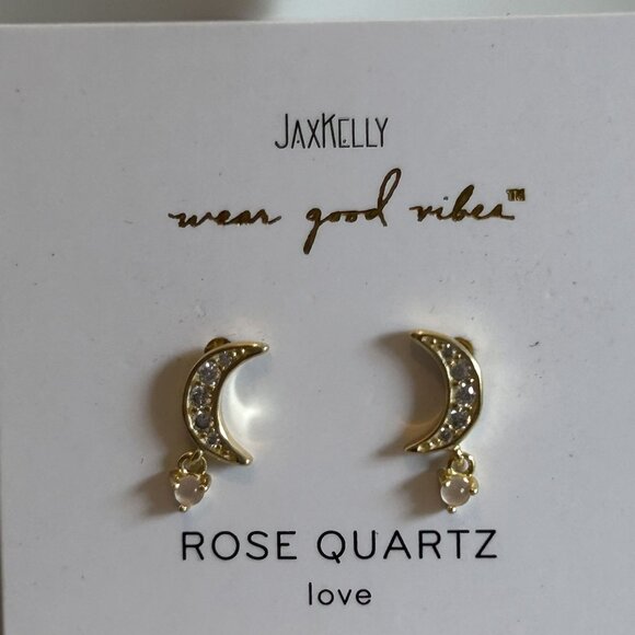 NEW Jax Kelly Rose Quartz Gold Crescent Moon Gemstone Drop Earrings Love CZ - Picture 6 of 8